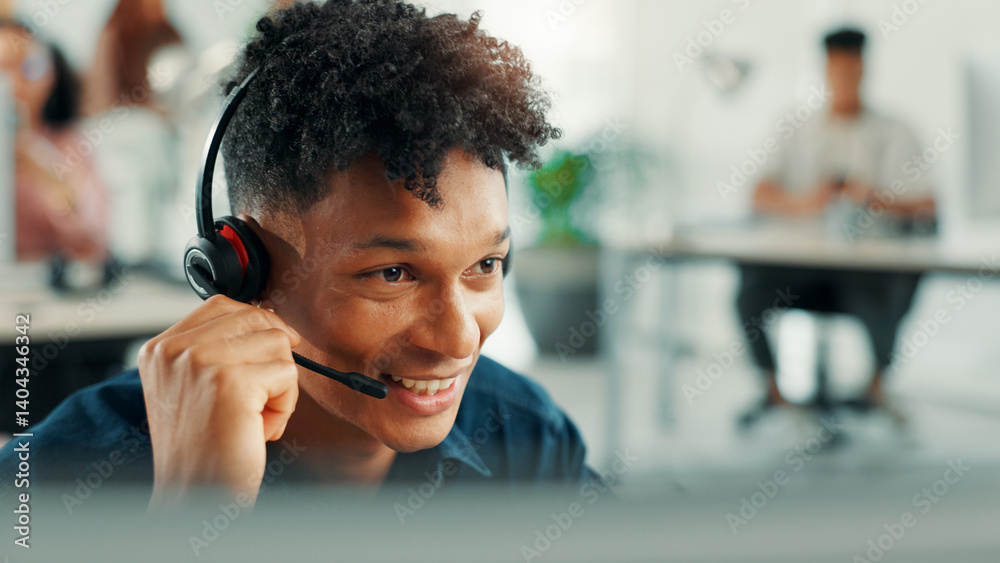Aufkleber Computer, contact us and smile of man in call center for assistance, help or lead generation. Communication, conversation and support with virtual assistant at work in customer service for feedback