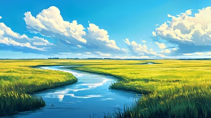 Fototapeta premium Vibrant river winding through lush green marshland under a clear blue sky.