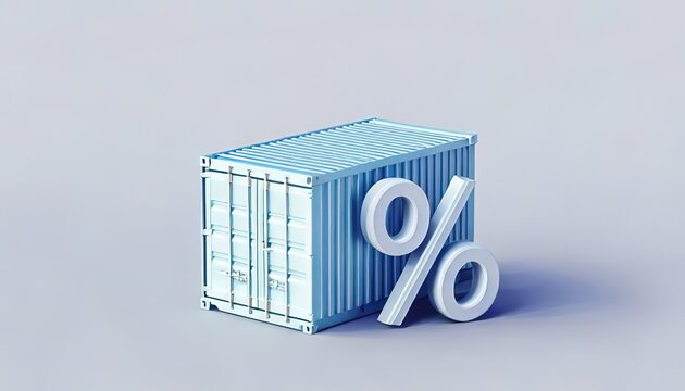 A shipping container stands as a symbol of global trade and logistics, with a prominent percentage sign beside it, suggesting the importance of discounts, savings, or promotion in the industry.