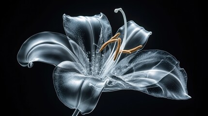 A mesmerizing X-ray view of a lily, some petals gently floating in the air, glowing translucent structure, artistic composition, cinematic lighting, high-contrast black background