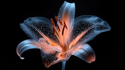 A mesmerizing X-ray view of a lily, some petals gently floating in the air, glowing translucent structure, artistic composition, cinematic lighting, high-contrast black background
