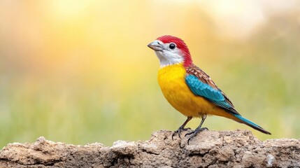 Fototapeta premium Colorful bird perched on a sunlit ground