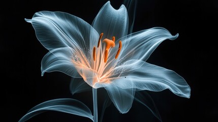 A mesmerizing X-ray view of a lily, some petals gently floating in the air, glowing translucent structure, artistic composition, cinematic lighting, high-contrast black background