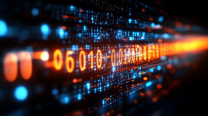 Obraz premium Digital Data Stream: A captivating display of binary code streams through a digital space, with luminescent particles of information moving at the speed of innovation.