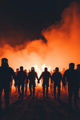 Fototapeta premium Soldiers in Gas Masks Marching Through Fire and Smoke at Night