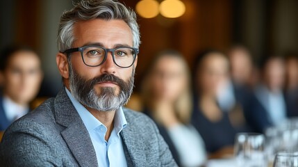 Confident Leader: A close-up portrait of a distinguished, well-groomed business leader in glasses. A man with a beard. he's in a boardroom and appears thoughtful, ready to inspire the team.