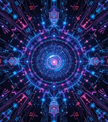 Obraz premium A vibrant futuristic technology background featuring intricate circuit patterns illuminated by glowing neon lights in shades of blue, pink, and green, creating a dynamic, high-tech atmosphere.