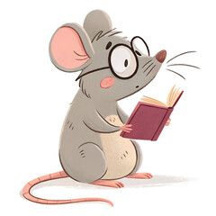 Reading Cartoon Rat in Glasses, Cozy Corner, Illustration, Warm Lighting, Side View, Imagination Unleashed