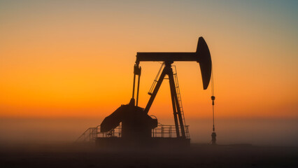 Silhouette of Oil Pump Jack at Sunset Against an Orange and Blue Sky with Misty Landscape Below