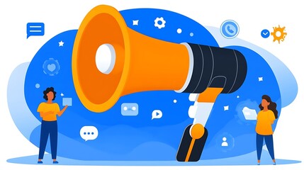 Amplified Message: A dynamic illustration of a megaphone, symbolizing communication and announcements, alongside two individuals interacting with abstract communication icons.