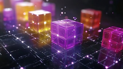 Digital Cubes: Floating translucent cubes in various hues of orange, purple, and pink float across a dark background, highlighting data flow and digital connectivity.