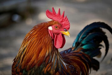 Fototapeta premium rooster with red comb and black tail feathers standing on dirt