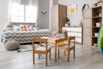 Interior of children's room with bed, closet and shelf unit