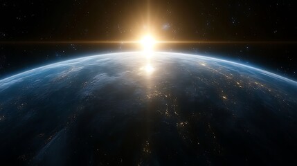 Obraz premium Sunrise over Earth: A breathtaking view of Earth from space, illuminated by the radiant sunrise. Experience the wonder of our planet.