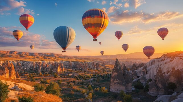 A stunning sunrise view of Cappadocia, Turkey, colorful hot air balloons floating in the sky, soft golden light illuminating the rocky landscape