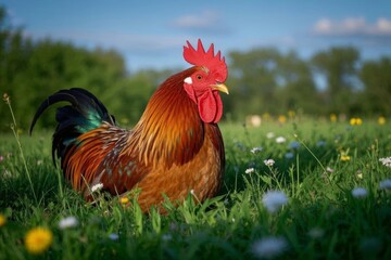Fototapeta premium there is a rooster standing in a field of grass with flowers
