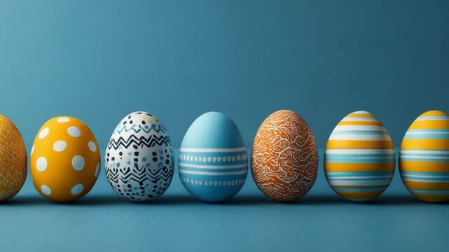 Easter Eggs Row: A row of beautifully decorated Easter eggs in various pastel colors and patterns sits on a teal background.
