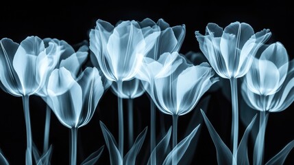 A surreal X-ray view of a tulip garden, delicate glowing flowers standing tall