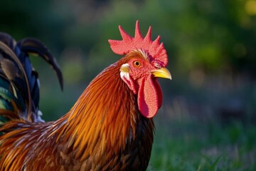 Fototapeta premium rooster with red comb standing in grass with trees in background