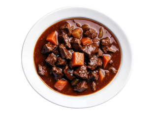 Hearty bowl of stew packed with tender carrots and rich flavor for a comforting meal during chilly days isolated on a white background.