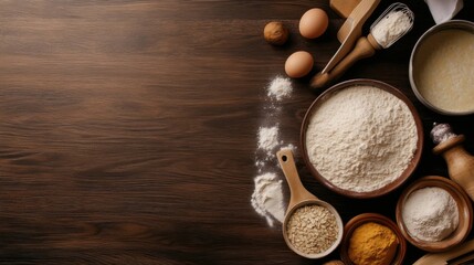 Ingredients for Baking with Flour, Eggs, and Spices on Wooden Surface