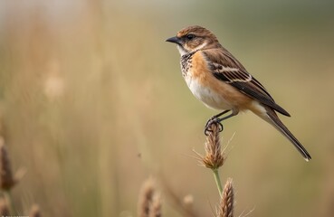 European stonechat bird perched on plant stem, flat background. Ornithology, wildlife, nature close-up. Male bird with vibrant orange chest, brown wings. Passerine, small animal in natural
