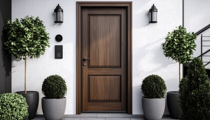A stunning example of a modern entrance with a minimalist wooden front door.