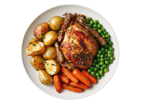 Nutritious plate of food featuring tender meat and fresh vegetables presented aesthetically for a balanced meal isolated on a white background.
