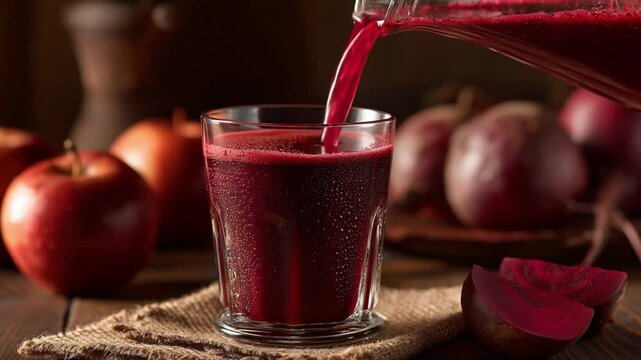 Beetroot and Apple Juice: Pouring vibrant beetroot and apple juice into a glass, showcasing the rich color and healthy ingredients.
