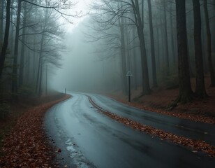 Fototapeta premium Winding road in misty forest. Autumnal scene with wet asphalt, fallen leaves. Trees create moody atmosphere. Rainy weather adds drama. Perfect for travel, nature, fall season projects.