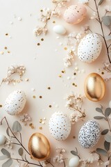 Obraz premium Easter eggs and wicker basket on green background, symbolizing cheerful springtime celebration and traditional holiday decoration 