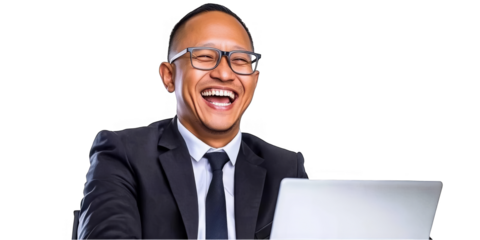 Photo of Smiling Business Man Wearing Glasses and Black Suit with Laptop
