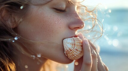Close-up of a woman mermaid gently holding a seashell near her lips, soft beach wind moving her hair, sparkling ocean waves in the blurred background, delicate and serene expression