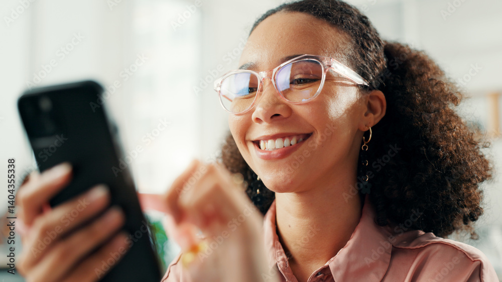 Poster business, woman and smile with phone in office for text message, mobile chat and reading digital new