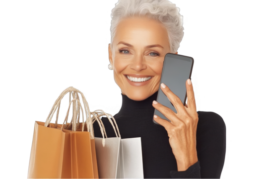 Photo of Smiling Senior Woman Holding Phone And Shopping Bags Isolated