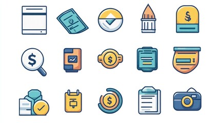 A collection of financial, legal, and business icons.