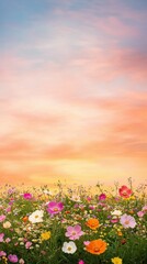 Obraz premium Colorful wildflowers bloom beneath a sunset sky.