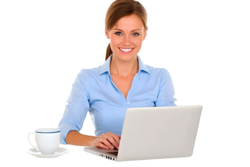 Photo Of Smiling Woman Working On Laptop With Blue Shirt On Transparent Background