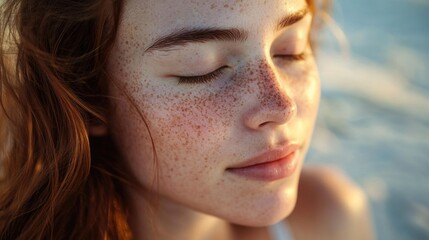 A young woman with freckles closes her eyes, embracing the gentle ocean breeze and the sun’s golden warmth. Her subtle smile and the soft-focus beach behind her capture a moment of pure serenity