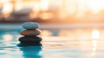 Fototapeta premium Four stones stacked harmoniously on water create a tranquil moment as the sun sets in the background, casting warm light