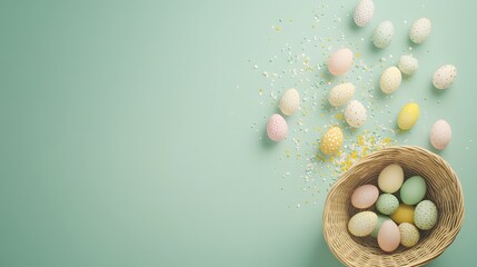 Easter eggs and wicker basket on green background, symbolizing cheerful springtime celebration and traditional holiday decoration
