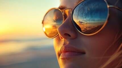 a woman wearing stylish sunglasses, ocean waves reflecting in the lenses