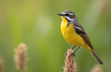 Fototapeta premium Western yellow wagtail bird perched on stem of dry plant. Bright yellow breast, black beak, grey and white head. Nature photography of a Motacilla flava bird on blurred green background.