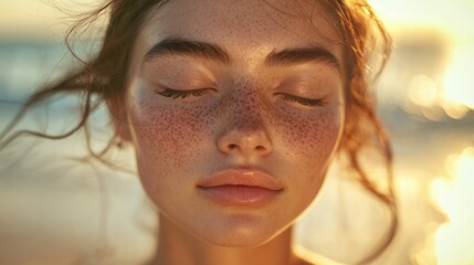 A young woman with freckles closes her eyes, embracing the gentle ocean breeze and the sun’s golden warmth. Her subtle smile and the soft-focus beach behind her capture a moment of pure serenity