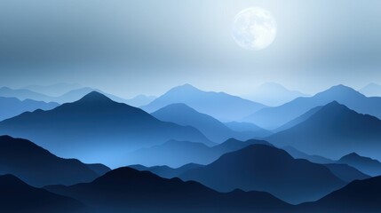 Blue mountains, moonlit sky, tranquil scene.