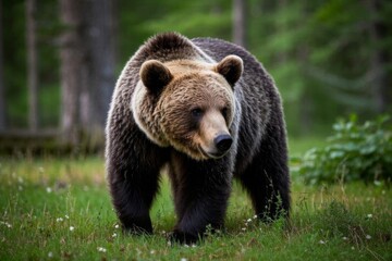 there is a brown bear walking in the grass in the woods