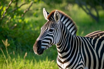 zebra standing in the grass looking at the camera with trees in the background