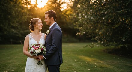 Bridal couple standing in a romantic garden at sunset, with the bride holding a bouquet of flowers, the groom in a tailored suit, capturing a timeless, elegant moment
