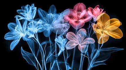 X-ray style image of a wildflower meadow with glowing, translucent petals in varying shapes and sizes. The ethereal, dreamy composition reveals delicate floral structures in stunning detail