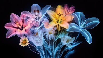 X-ray style image of a wildflower meadow with glowing, translucent petals in varying shapes and sizes. The ethereal, dreamy composition reveals delicate floral structures in stunning detail